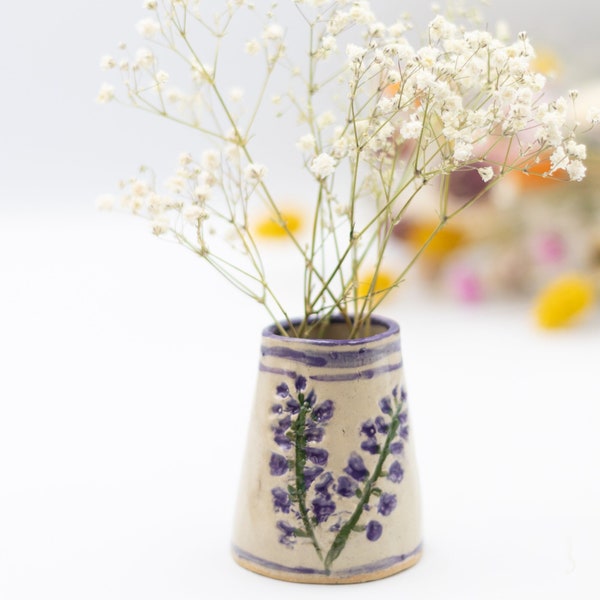 Bud vase handmade with pressed purple wild flowers