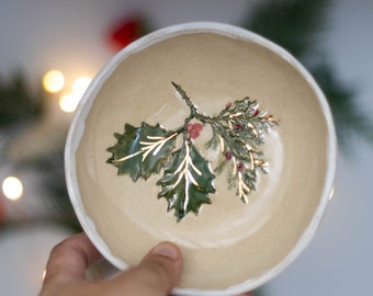 Evergreen Christmas dish - Handmade pottery trinket dish - vintage inspired handpainted holly/winter bowl