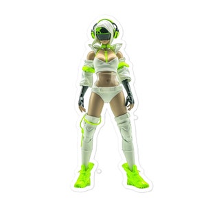 May include: A white and green action figure of a female character wearing a white bodysuit, a green and white jacket, and green and white boots. The figure has a green visor and headphones.