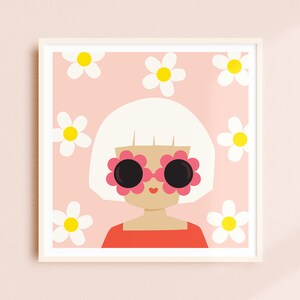May include: A digital illustration of a person with white hair wearing pink flower-shaped sunglasses against a pink background with white daisies.