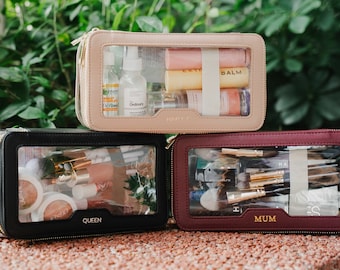 Personalized Leather Makeup Bag: Saffiano Cosmetic Travel Pouch