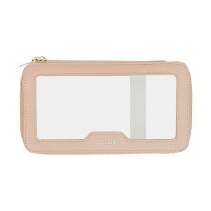 Organiseur de pochette de maquillage personnalisé en cuir microfibre Saffiano, trousses de toilette à monogramme Nude