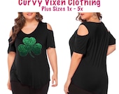 Plus Size St Patrick s Day Glitter Green Shamrock Black Cold Shoulder V-neck Shirt or Matching Tote Bag