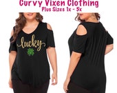 Plus Size St Patrick s Day Glitter Gold Green Lucky Four Leaf Clover Black Cold Shoulder V-neck Shirt or Matching Tote Bag