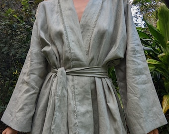 Anysize Linen Kimono, Long Sleeve Summer Dress, Flowy Bohemian Robe, Ethnic Beach Dress, Lightweight Festival Dress, Handmade Hippie Wrap