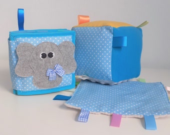 Infant Montessori Set with develop activity book, quiet sensory block and ribbons Minky blanket. Sensory play with crinkle and texture.