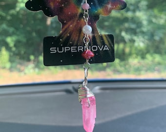 Encanto de coche de cristal de cuarzo rosa / Accesorio de espejo retrovisor / Compañero de espejo de coche / Decoración de coche hippie / Accesorio interior del vehículo