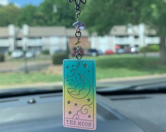 The Moon Tarot Card Car Charm | Rearview Mirror Accessory | Car Mirror Companion | Hippie Car Decoration | Vehicle Interior Accessory