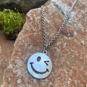 Winky Face Necklace | Hypoallergenic Sterling Silver Jewelry | Alternative Accessories | Smiley Face Emoji Necklace