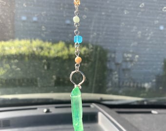 Green Quartz Crystal Car Charm | Rearview Mirror Accessory | Car Mirror Companion | Hippie Car Decoration | Vehicle Interior Accessory
