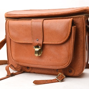 Borsa per macchina fotografica in pelle arancione ocra vintage