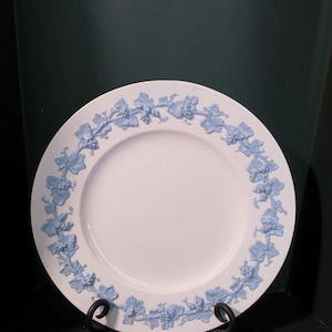 May include: A white ceramic plate with a blue grapevine design around the edge. The plate is on a black stand.