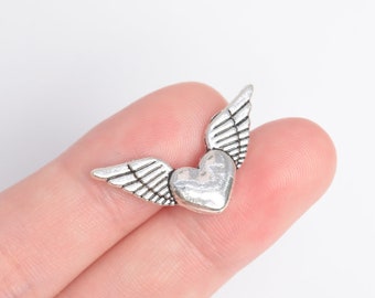 20 pcs 24x13mm Heart Wings Spacer Beads Antique Silver Tone (63597-2407)
