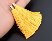 2 Tassels 2.5 quot 6cm Artificial Silk Mala Tassel Metal Round Tube Cap Golden Yellow Color (64142-2467)