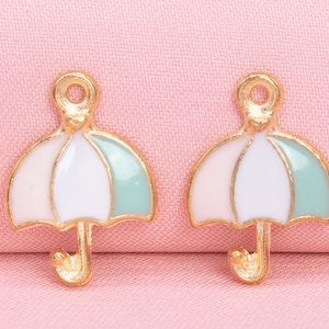 12 Enamel Umbrella Charm Gold Tone With Pink, White & Green Enamel (65526-3290)