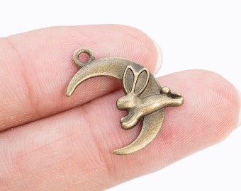 20 Moon & Rabbit Charm Antique Bronze Tone  (65006-3158)