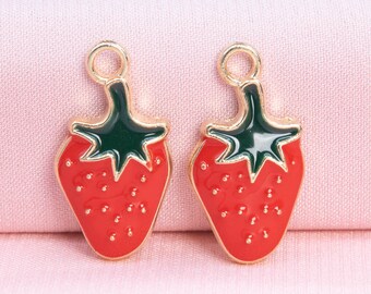 12 Enamel Strawberry Charm Gold Tone With Red & Green Enamel  (65447-3286)