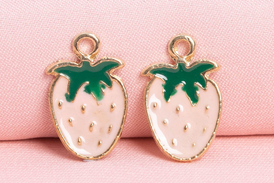 6 Enamel Strawberry Charm Gold Tone With Milky Pink & Green - Etsy