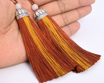 4 Tassels 4.33" / 11cm Polyester Mala Tassel Metal Flat Round Cap Chocolate Color (60780-016)