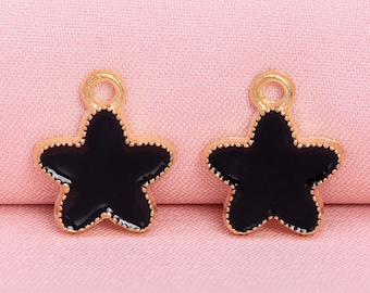 12 Enamel Rounded Star Charm Gold Tone With Black Enamel  (65531-3290)