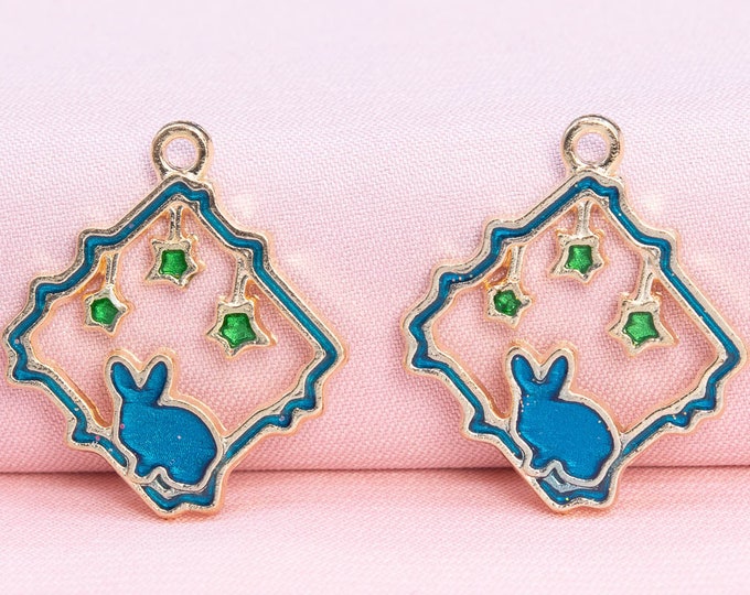 6 Enamel Rabbit Rhombus Charm Gold Tone With Green Star & Blue Enamel ...