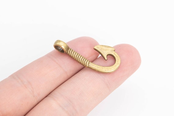 double sided fish hook 20 Fish Hook Charm Double Sided Antique Bronze Tone (110247-3134)