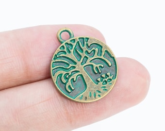 10 Tree Round Charm Double Sided Green Patina Tone (66550-3371)