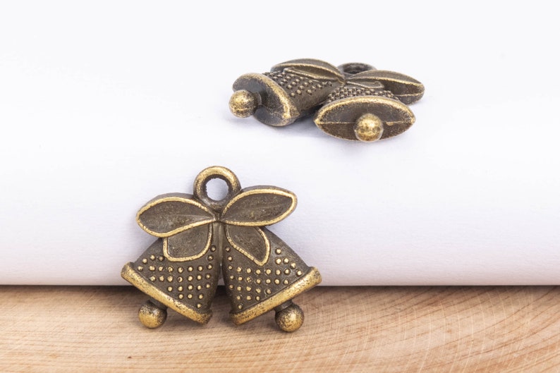 64933-1539 10 Christmas Bell Charm Double Sided Antique Bronze Tone