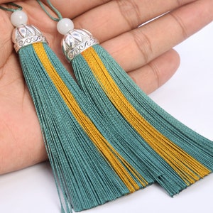 4 Tassels 4.33&quot; / 11cm Polyester Mala Tassel Metal Flat Round Cap Peacock Green Color  (60781-019)