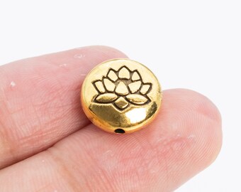 10 pcs 14mm Lotus Round Spacer Beads Antique Gold Tone (63612-2423)