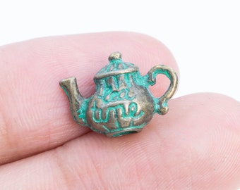 10 Tea Kettle Charm Double Sided Green Patina Tone (66580-3374)
