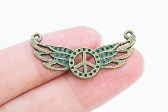 4 Peace Sign Wings Connector Charm Green Patina Tone (66533-3369 