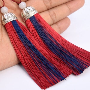 4 Tassels 4.33&quot; / 11cm Polyester Mala Tassel Metal Flat Round Cap Wine Red Color  (60776-018)