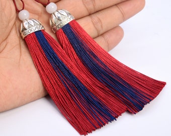 4 Tassels 4.33" / 11cm Polyester Mala Tassel Metal Flat Round Cap Wine Red Color  (60776-018)