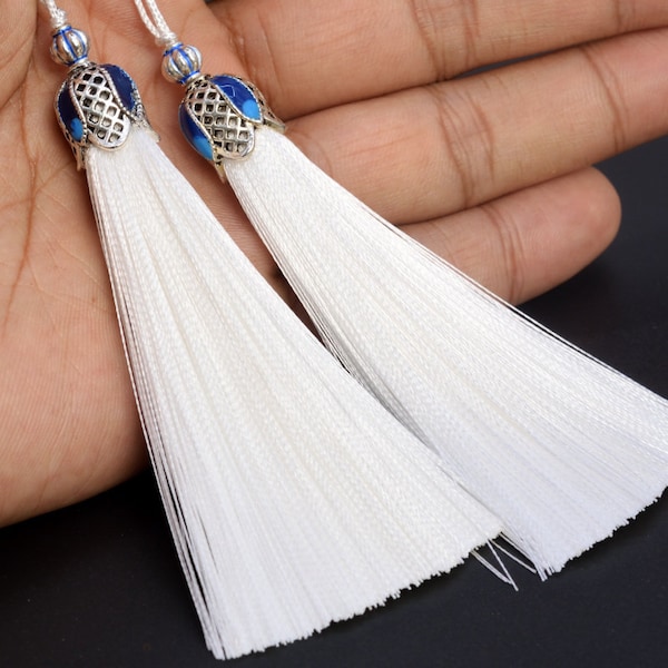 2 Tassels 3.54" / 9cm Nylon Mala Tassel Metal Crown Cap White Color (60683-021)