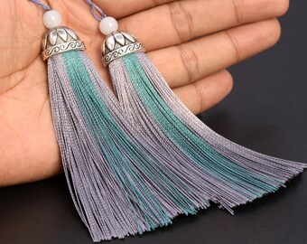 4 Tassels 4.33" / 11cm Polyester Mala Tassel Metal Flat Round Cap Gray Color  (60786-016)