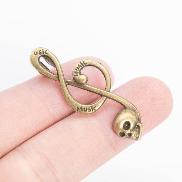 10 Treble Clef Skull End Charm Antique Bronze Tone  (65197-1588)