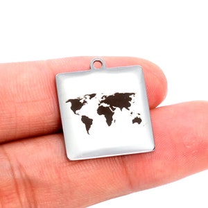 1 pcs Stainless Steel World Map Square Charm (40343-2128)