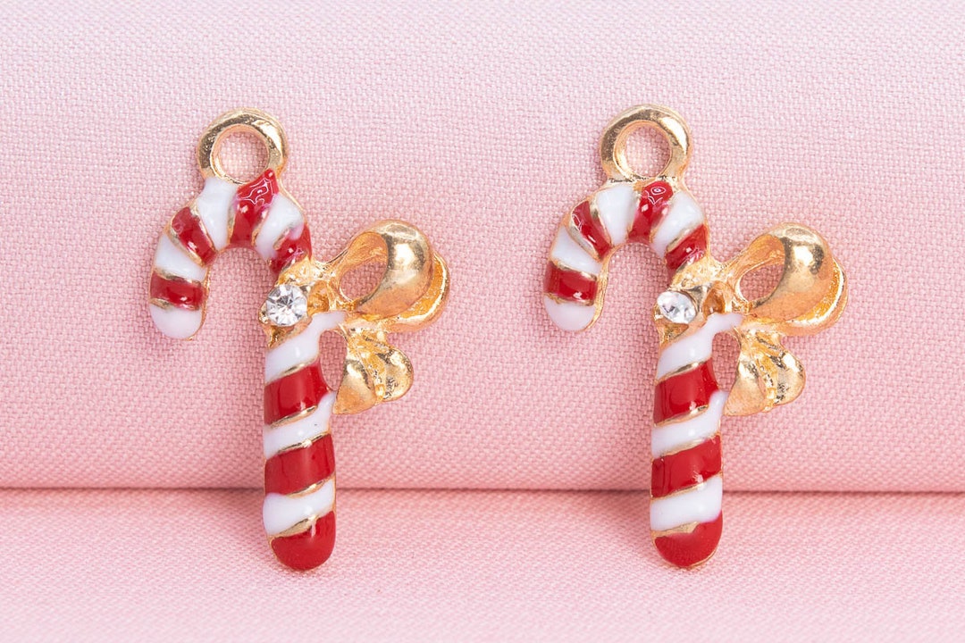 4 Enamel Christmas Candy Cane Charm Gold Tone With Brown, White & Red