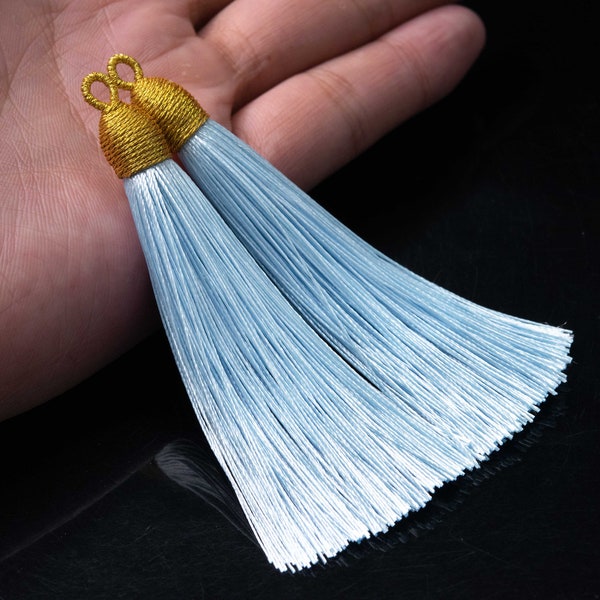 2 Tassels 3.14" / 8cm Polyester Mala Tassel with Top Loop Aqua Blue Color  (64165-2470)