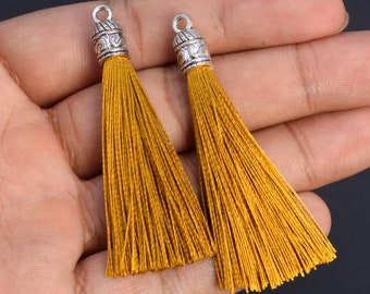 4 Tassels 2.2" / 5cm Polyester Mala Tassel With Metal Cap Ochre Yellow Color  (60923-029)