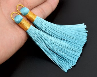 4 Tassels 3.14" / 8cm Artificial Silk Mala Tassel with Top Loop Aqua Blue Color  (64214-2476)