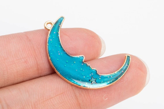 8 Enamel Crescent Moon Charm Gold Tone With Flash Peacock Blue