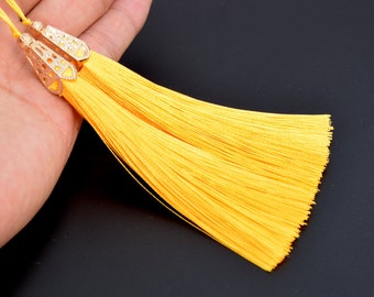 2 Tassels 4.5" / 11cm Polyester Mala Tassel Metal Square Cone Cap Golden Yellow Color  (64161-2470)