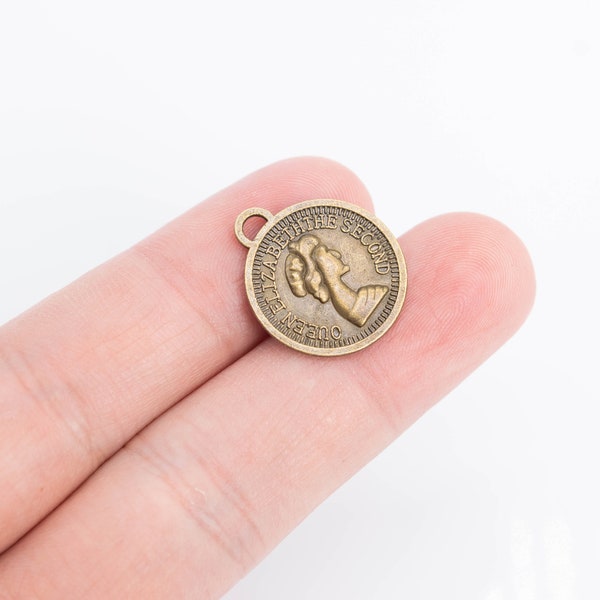 10 Queen Elizabeth The Second Coin Charm Double Sided Antique Bronze Tone (110444-3144)