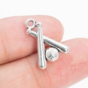 10 Baseball Bat & Baseball Charm Double Sided Antique Silver Tone (66860-3410)