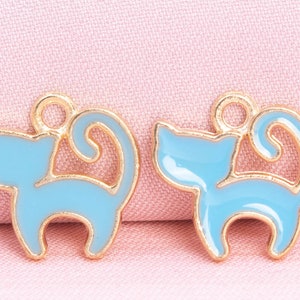 12 Enamel Cat Charm Gold Tone With Blue Enamel  (65432-3285)