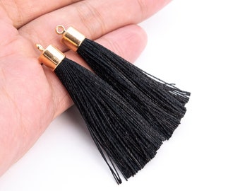 4 Quasten 2.5 "/ 6 cm Kunstseide Mala Quaste Metall Rund Tube Kappe Schwarze Farbe (64143-2467)