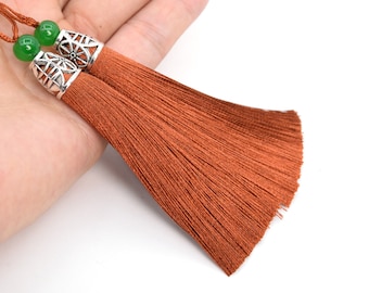 4 Tassels 3.54" / 9cm Artificial Silk Mala Tassel Metal Cap Chocolate Color (64238-2478)