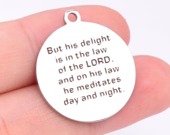 1 pcs Stainless Steel Biblical Quote Psalms 1:2 Round Charm (40944-2166)